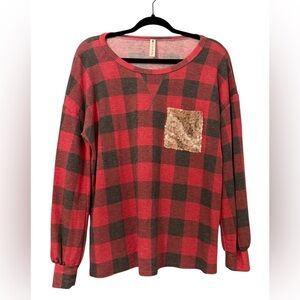 Vanilla Bay Red & Black Plaid Sweater with Bling Pocket S Boutique Style
